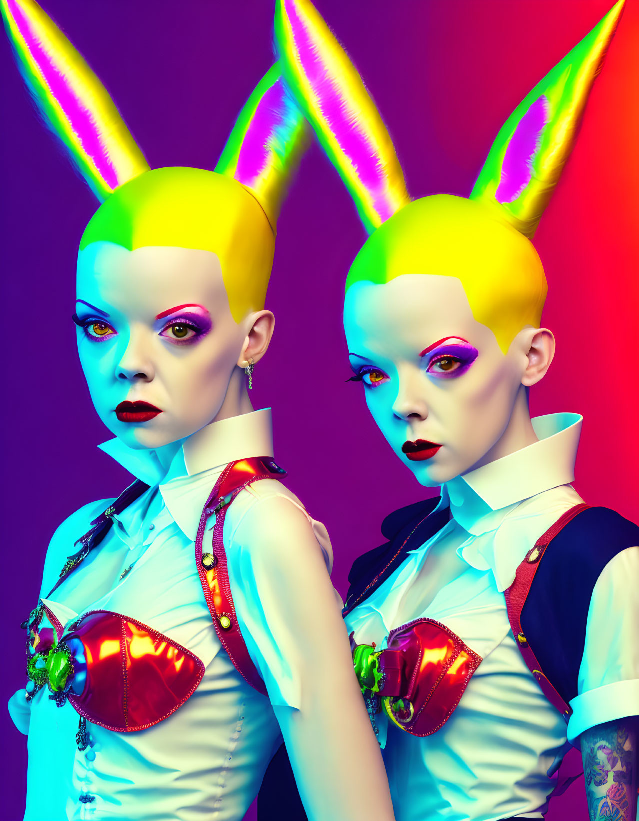 Two people with rabbit ears and vibrant makeup in colorful lighting, white shirts, suspenders, heart-shaped