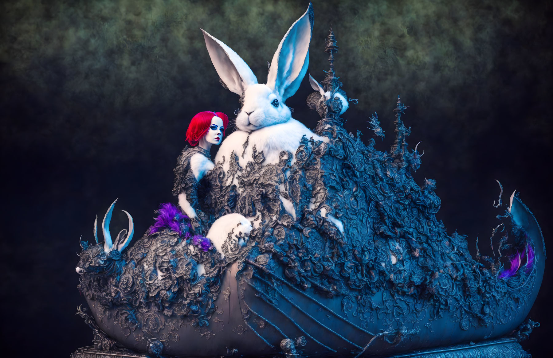 Red-haired woman with white rabbit on dark fantasy structure in mist
