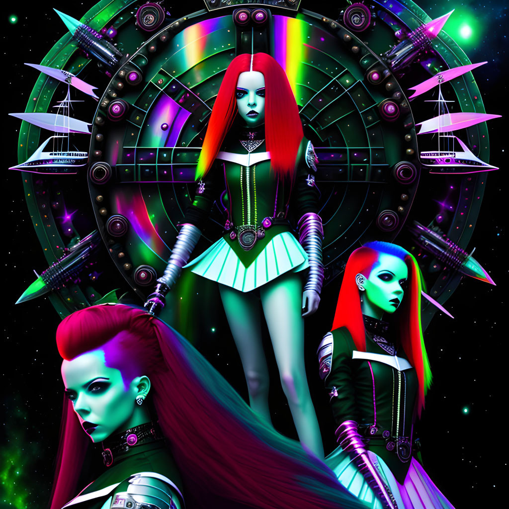 Stylized red-haired women in futuristic attire against cosmic backdrop