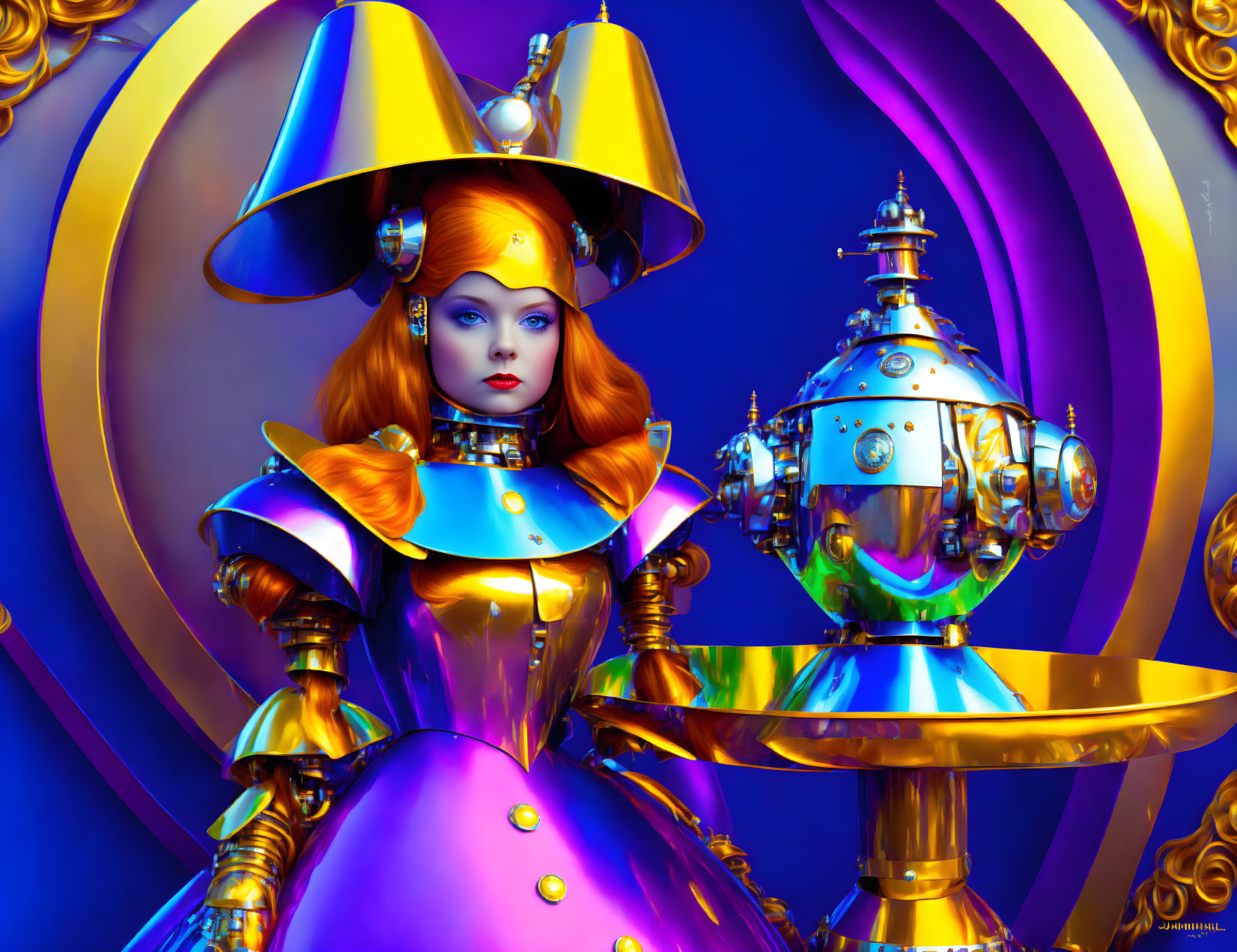 Colorful surreal female figure with intricate headgear beside reflective sphere on pedestal against blue background