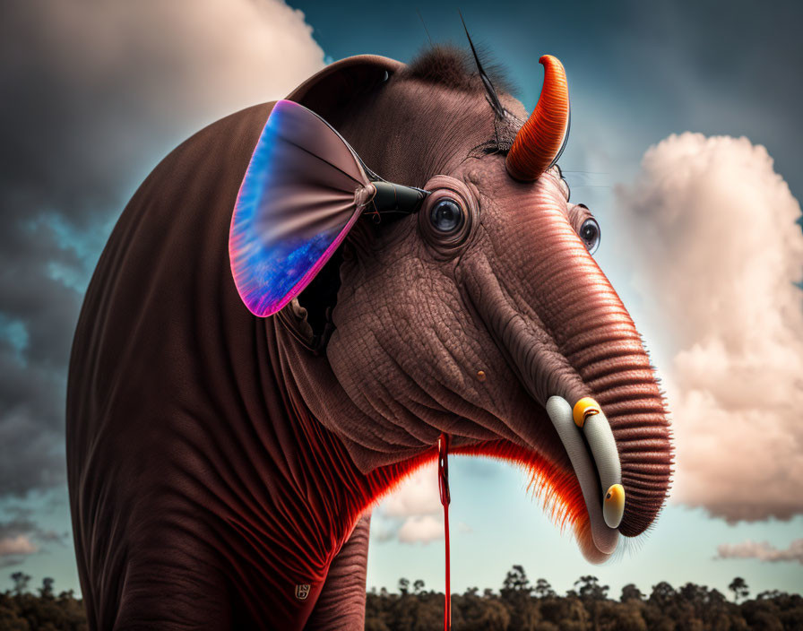 Surreal image: Elephant with butterfly wings, red horn, drinking straw