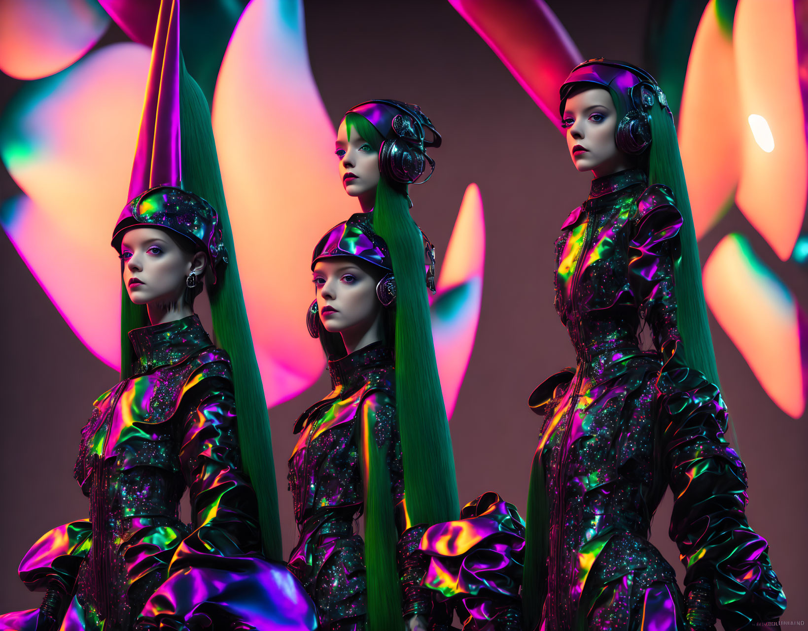 Four futuristic female models in metallic-patterned outfits against multicolored backdrop