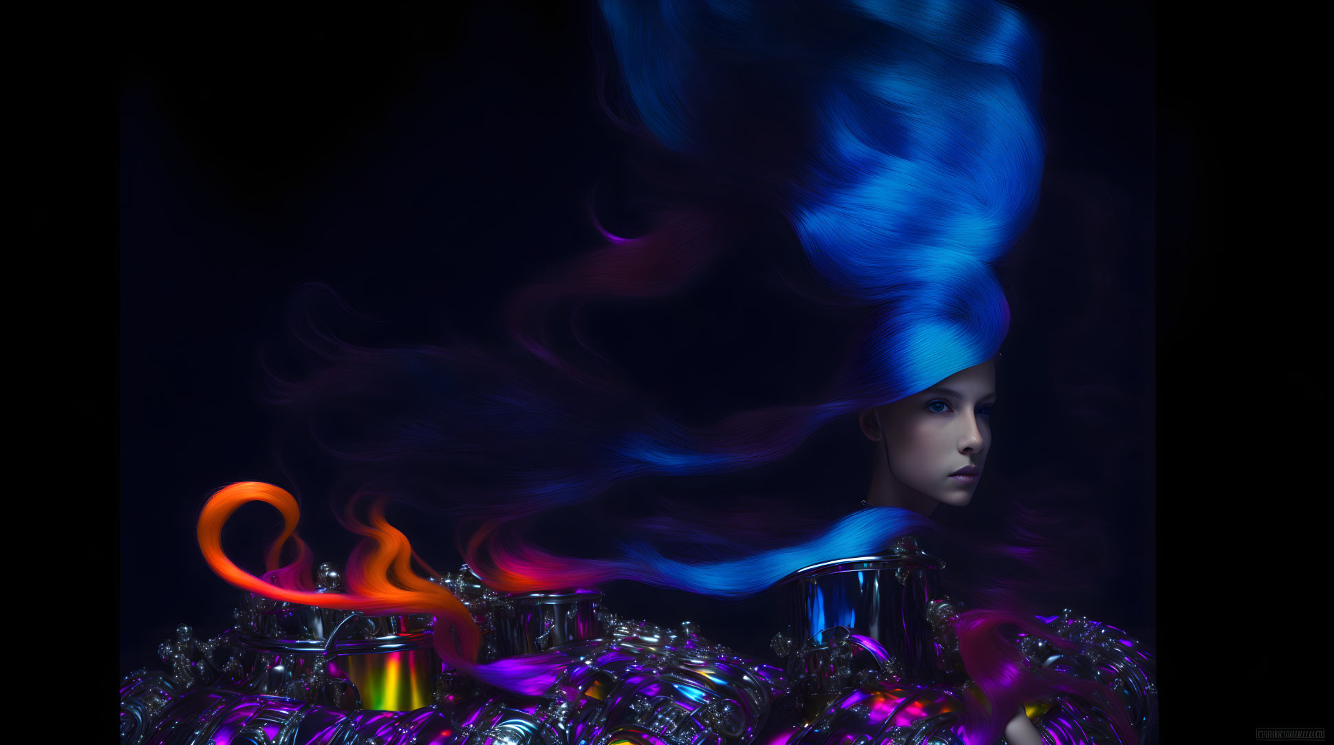 Surreal artistic image of woman's profile merging with colorful smoke over paint cans on coils