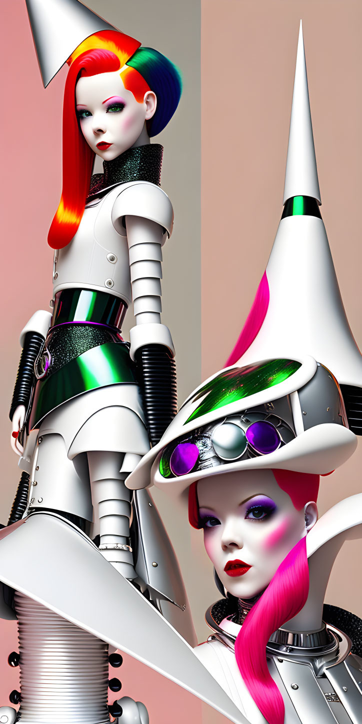 Futuristic female figures with vibrant hair and metallic armor on pink background