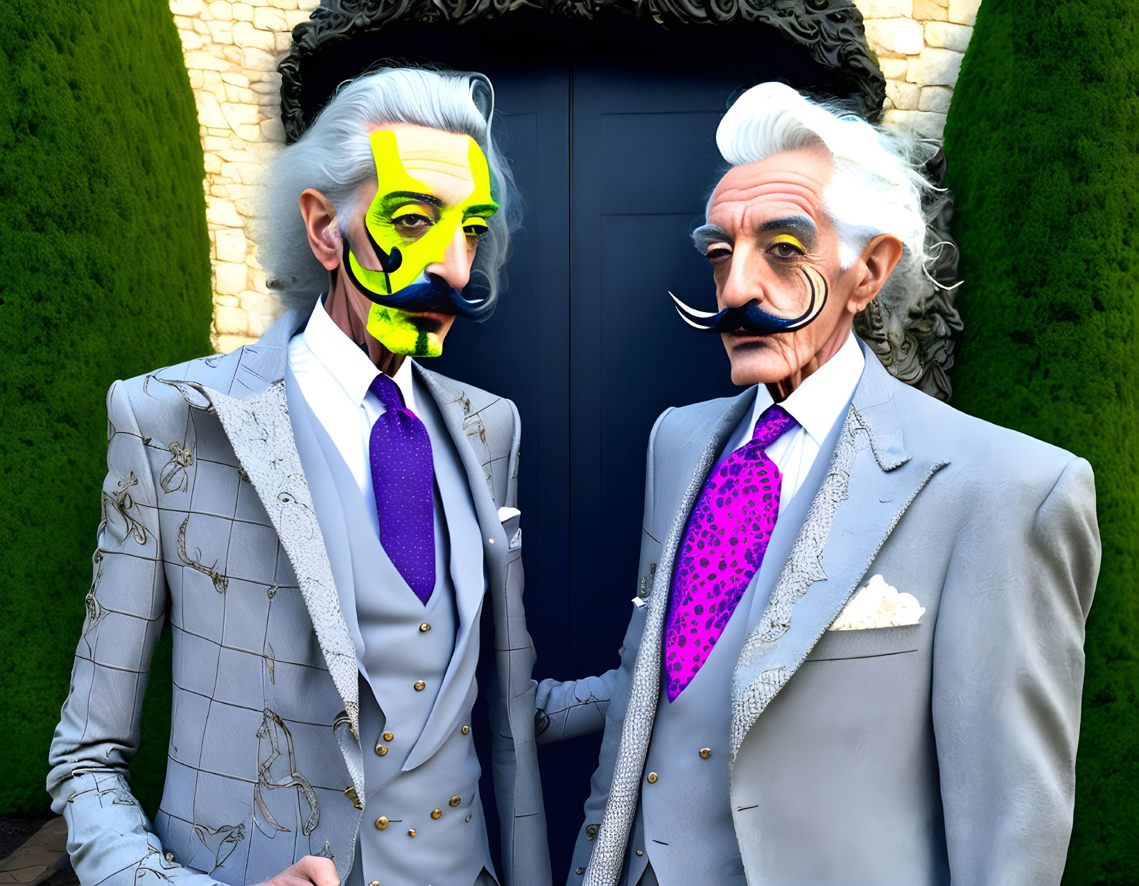 Exaggerated facial features on stylishly dressed older men in front of dark doorway