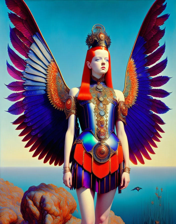 Person with vibrant wings and ornate attire against blue sky