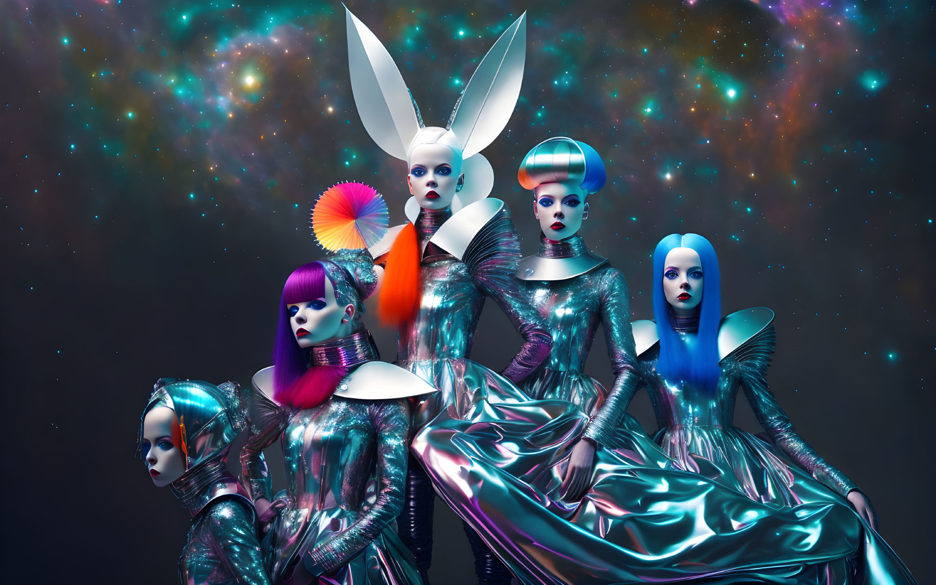 Five models in futuristic makeup and metallic fashion against a starry cosmic backdrop