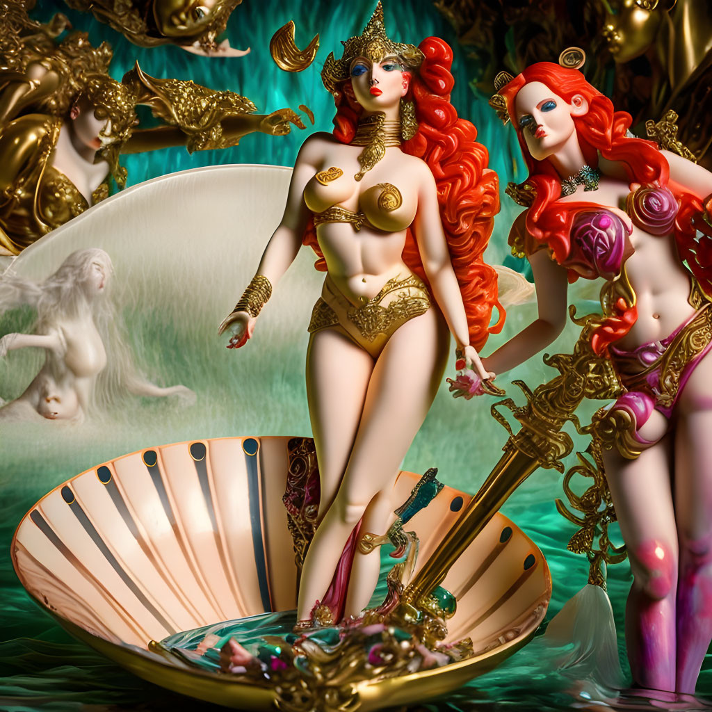 Ornate Venus Figurines: Red Hair, Golden Accents, Seashell Backdrop