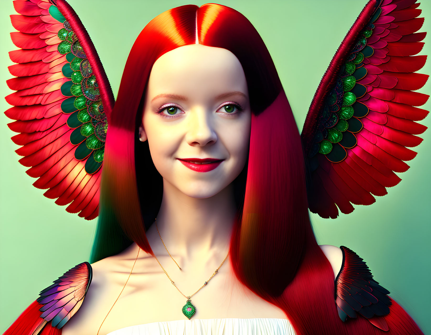 Smiling woman with red and green gradient hair and bird-like wings on a green background