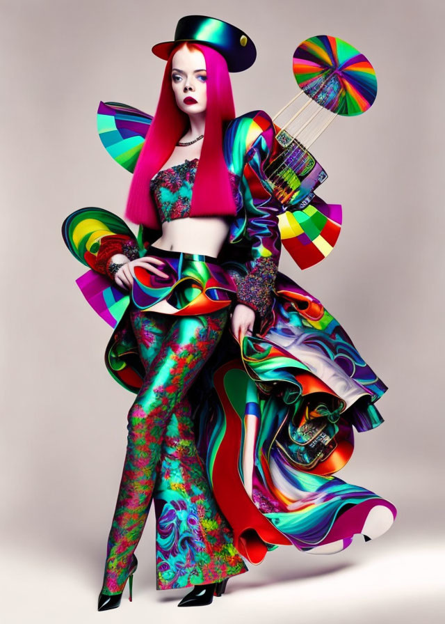 Vibrant pink hair woman in avant-garde outfit with psychedelic patterns