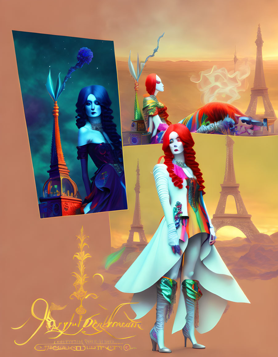 Surreal artwork: stylized woman, Eiffel Towers, whimsical night sky