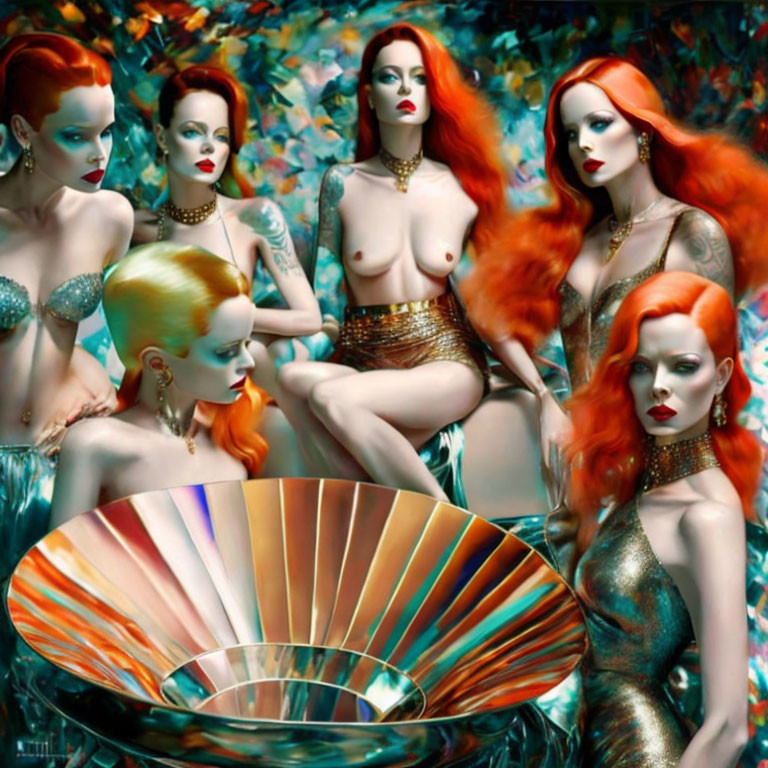 Five Women in Striking Red Hair and Elaborate Attire in Surreal Forest Setting