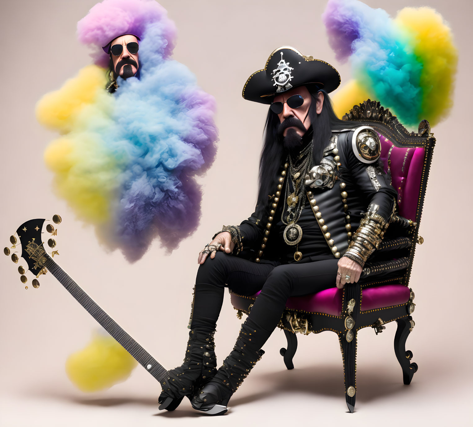 Stylized pirate with beard on throne holding guitar, colorful smoke clouds, small figure in background