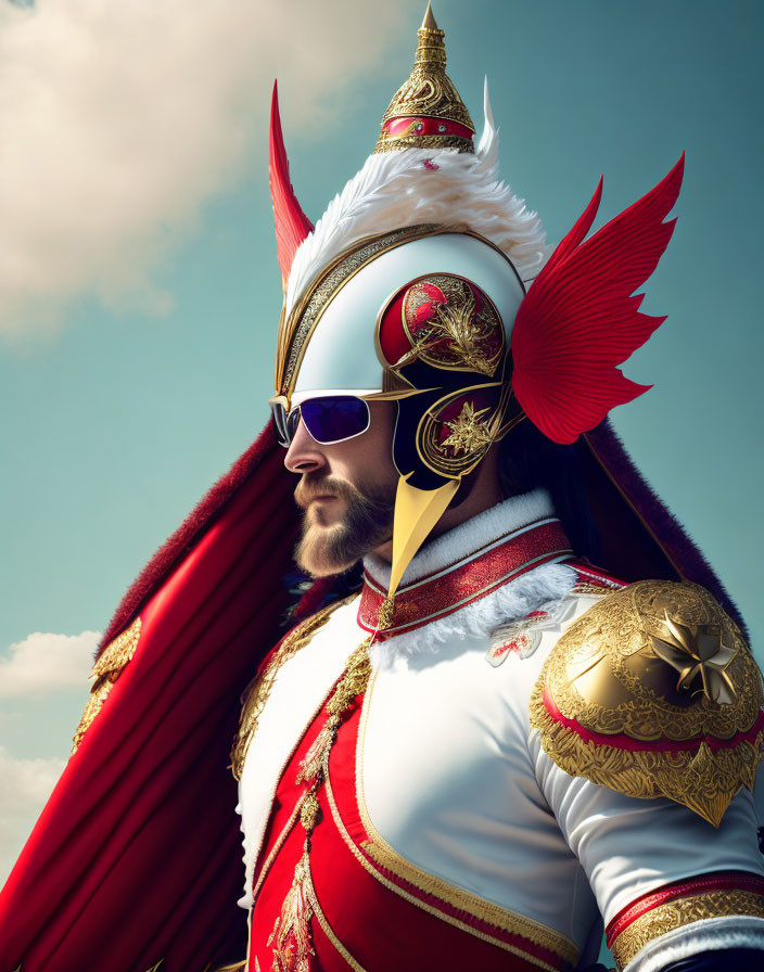 Elaborate red-and-white costume with golden armor elements and sunglasses against blue sky