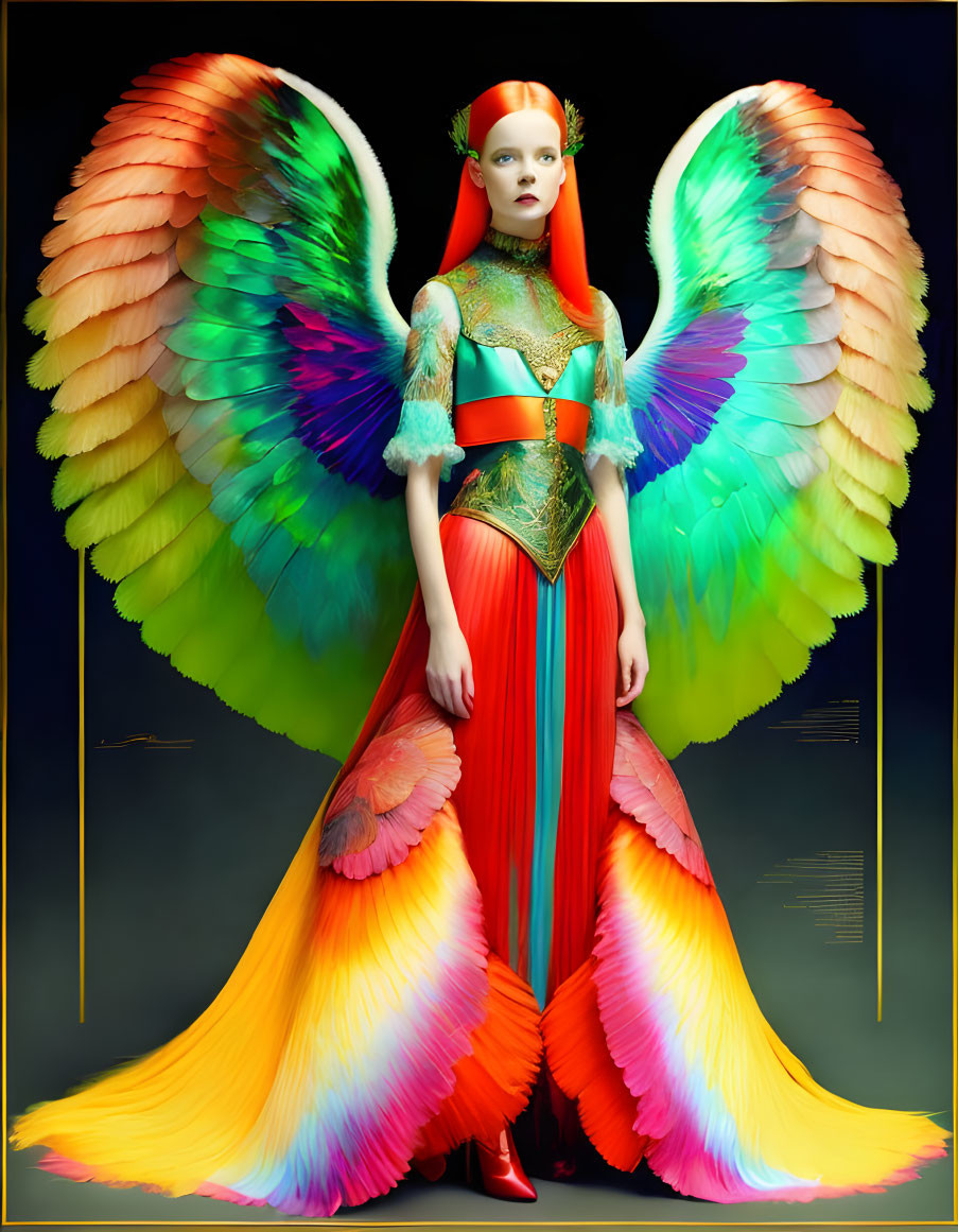 Colorful Woman in Bird-Like Costume with Wings