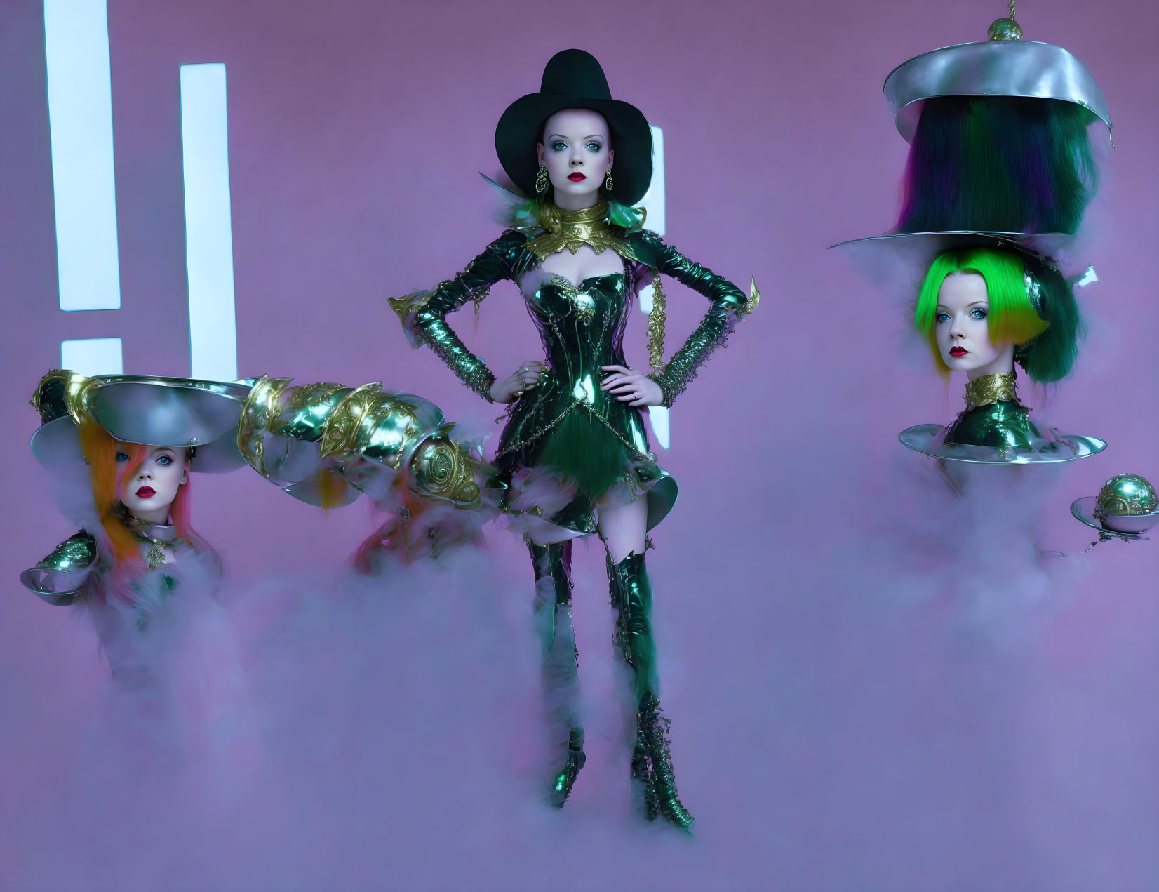 Three futuristic figures in oversized hats and metallic accents on purple misty background