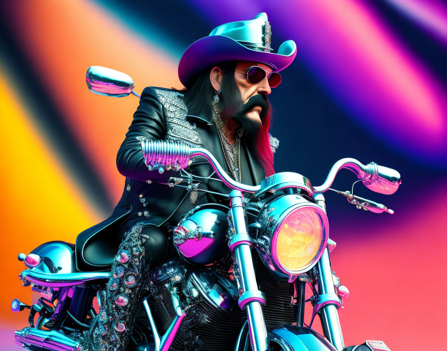 Colorful Blurred Background with Flamboyant Biker on Decorated Motorcycle
