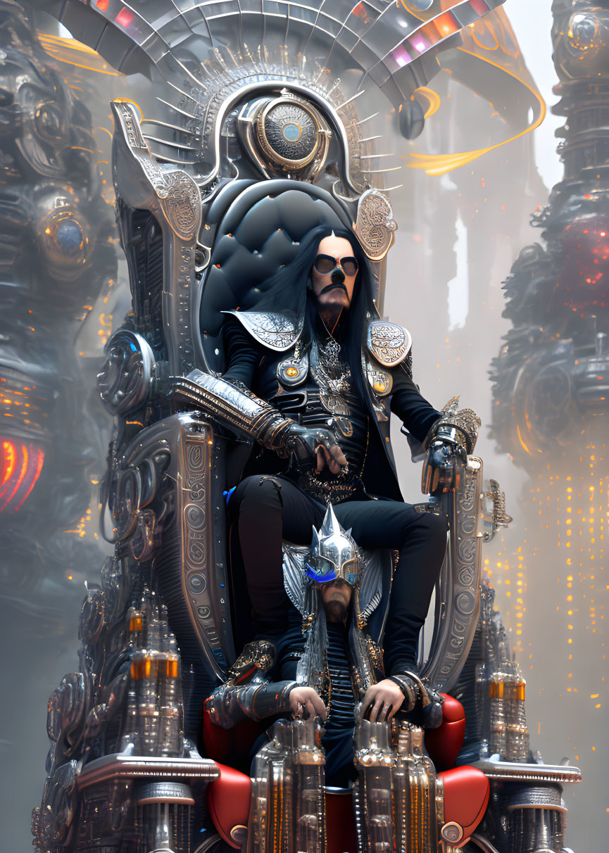 Futuristic ruler in ornate armor on throne with glowing lights