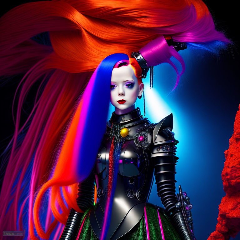 Stylized digital artwork: Female figure in futuristic black armor with orange hair under blue and purple lighting