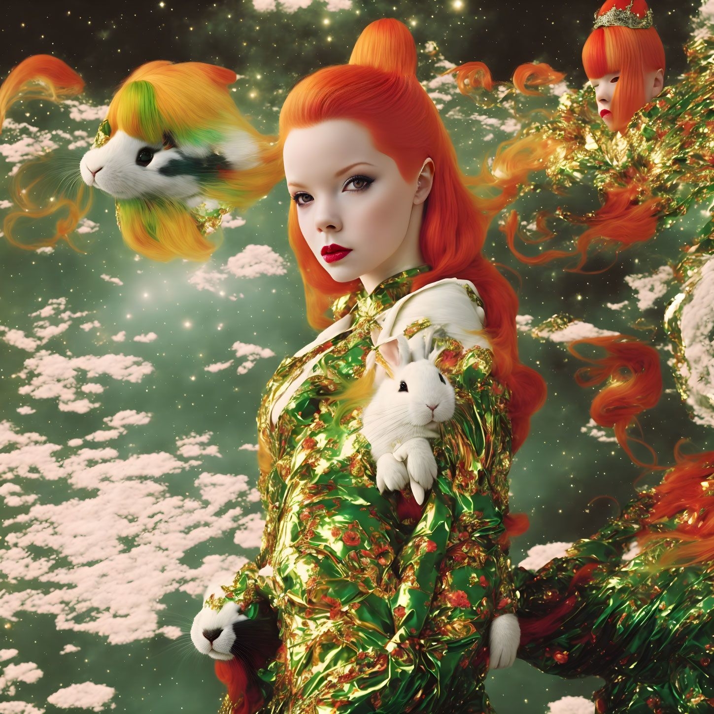 Surreal image of woman with red hair holding rabbit in vibrant outfit