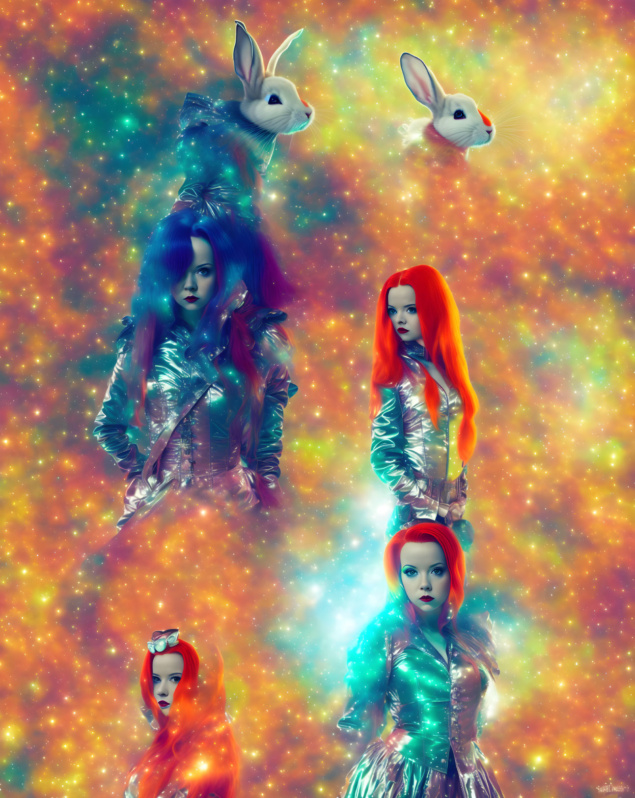 Four female figures in metallic outfits with rabbit masks against a starry galaxy.