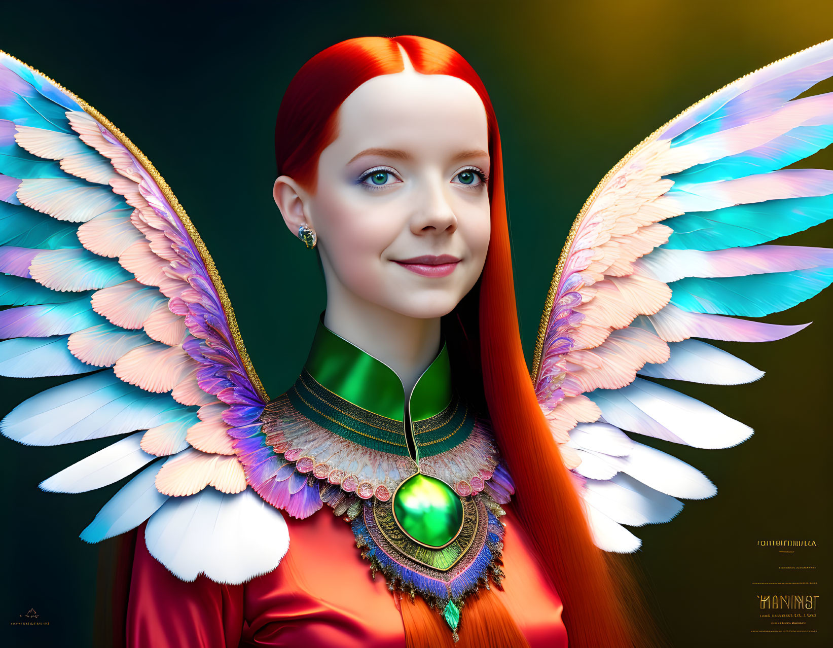 Vibrant red-haired girl with multicolored angel wings and green gem necklace