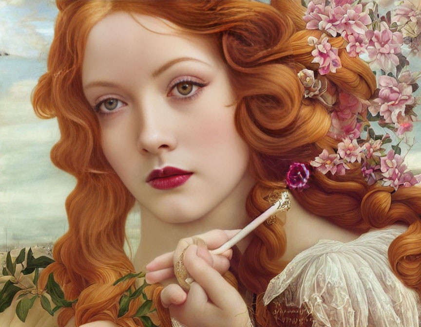 Portrait of Woman with Red Hair Holding Quill and Pink Blossoms