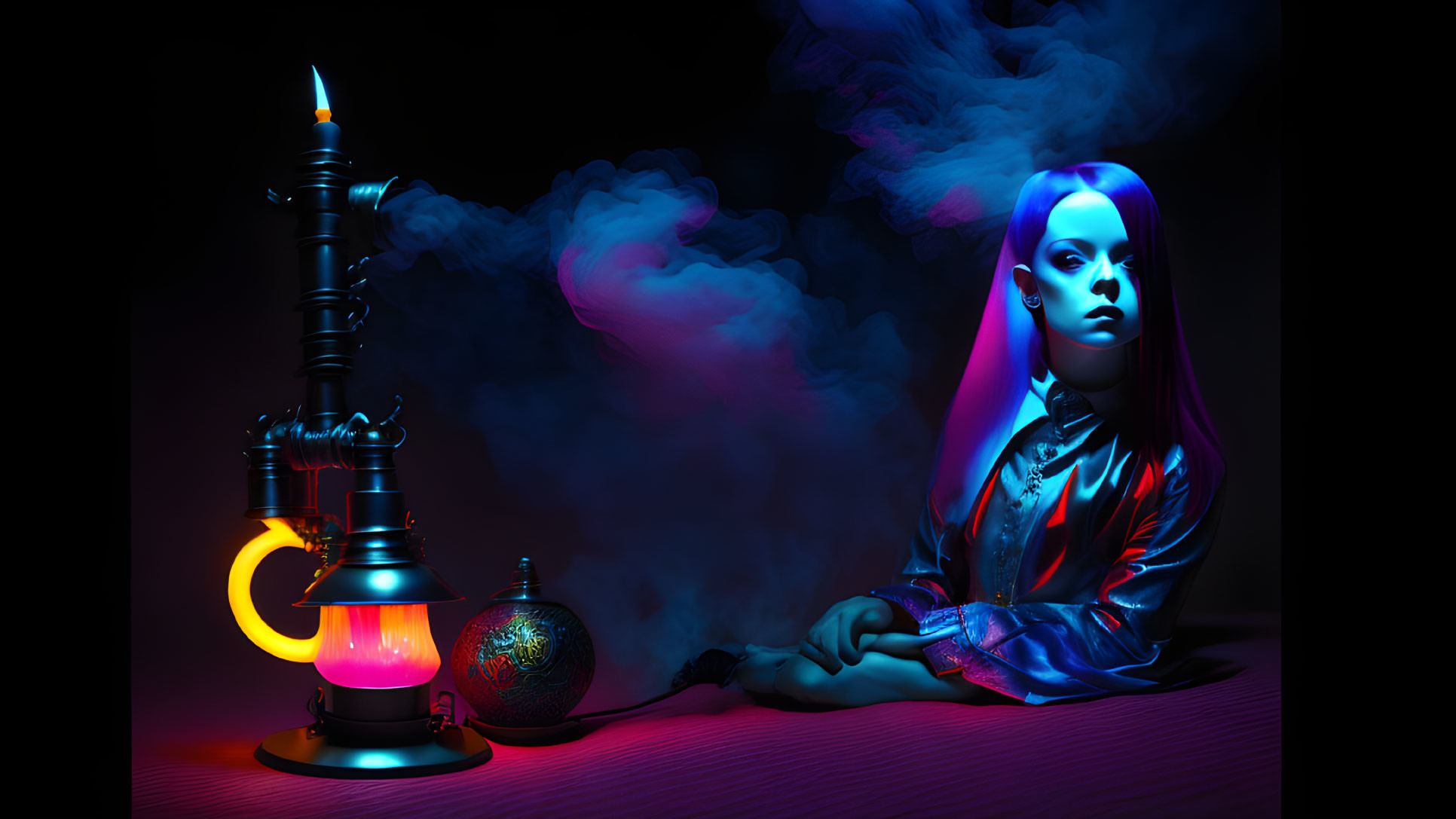 Stylized image of woman with purple hair in futuristic outfit next to glowing hookah under dramatic lighting
