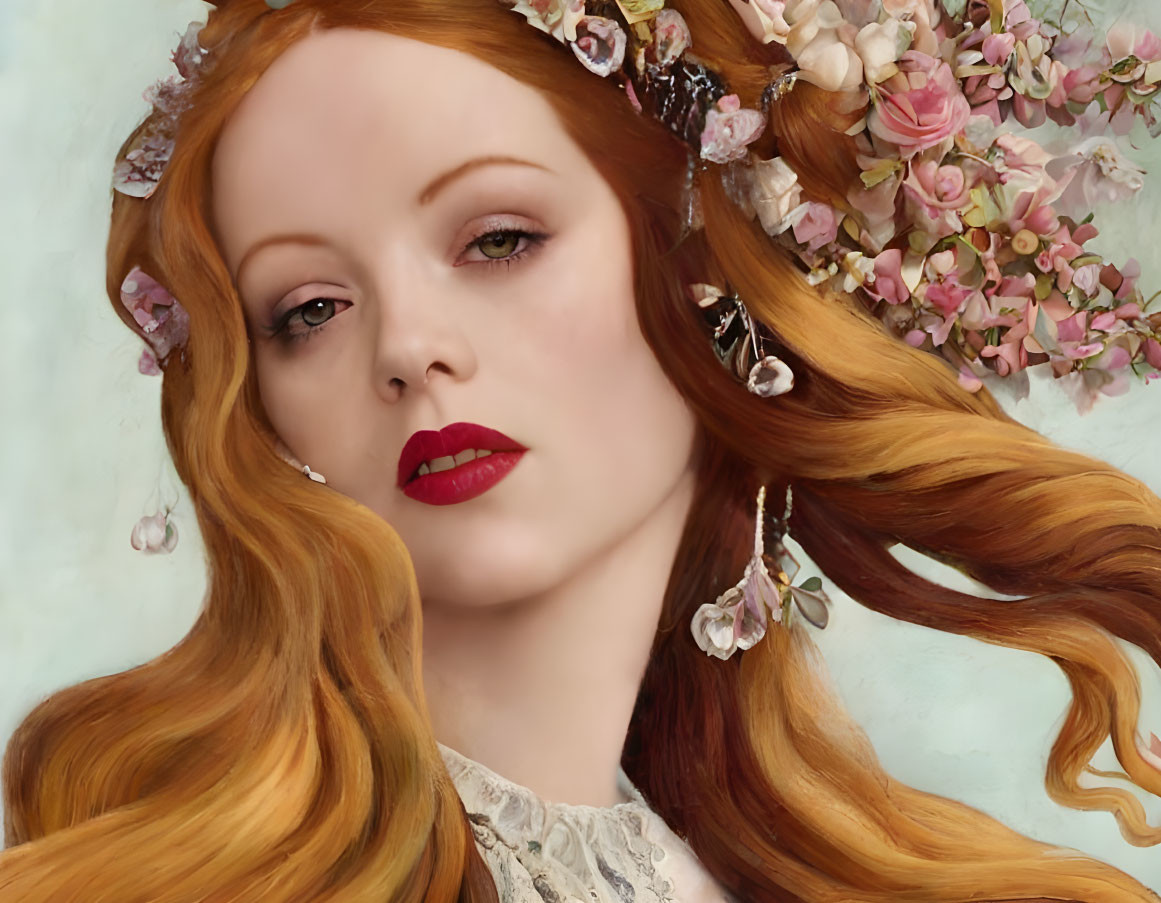 Portrait of a Woman with Auburn Hair and Floral Adornment