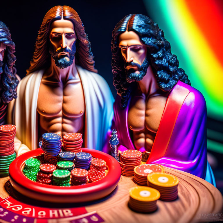 Religious statues with casino chips and cards under rainbow lighting