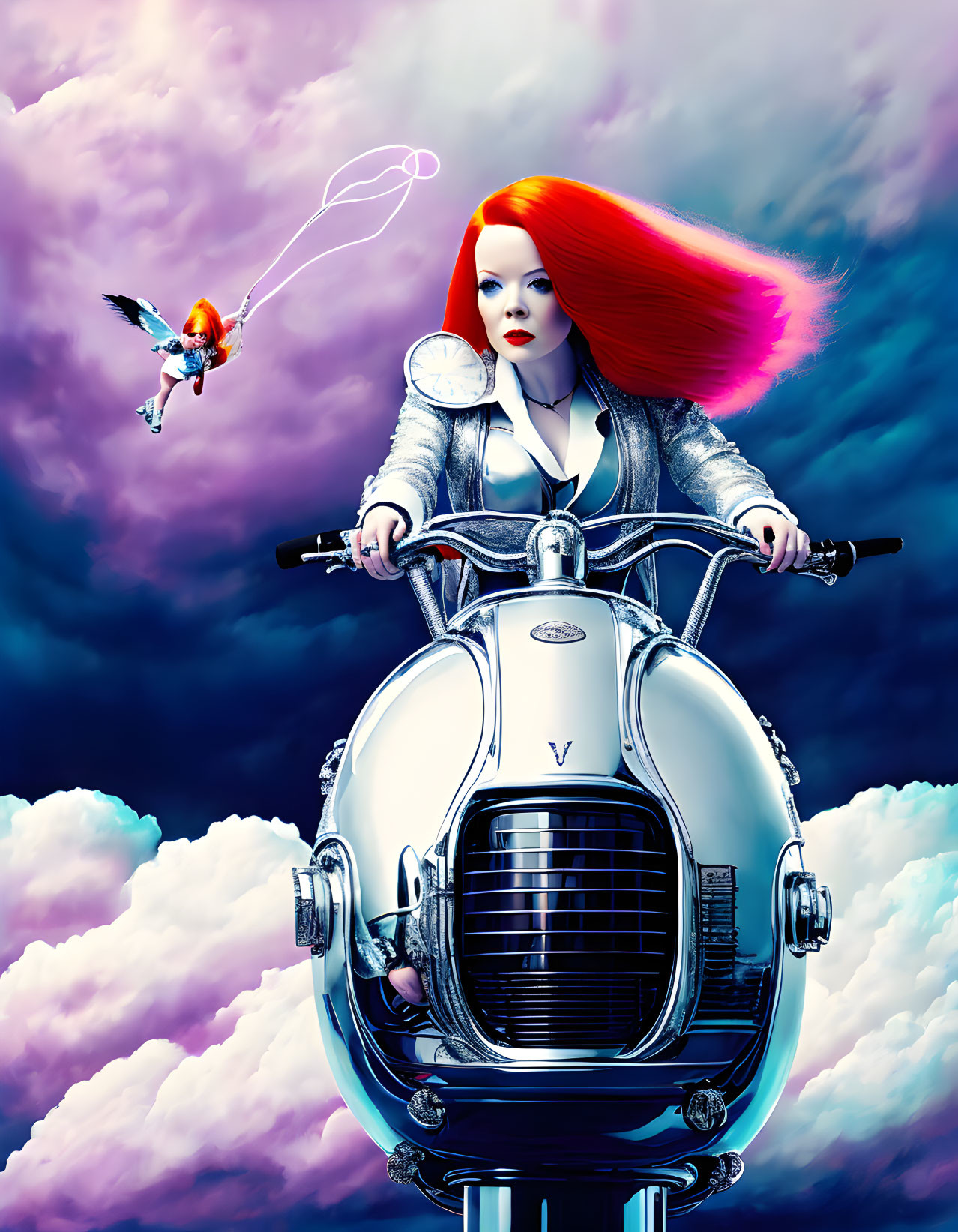 Red-haired woman on classic scooter with winged character in purple sky