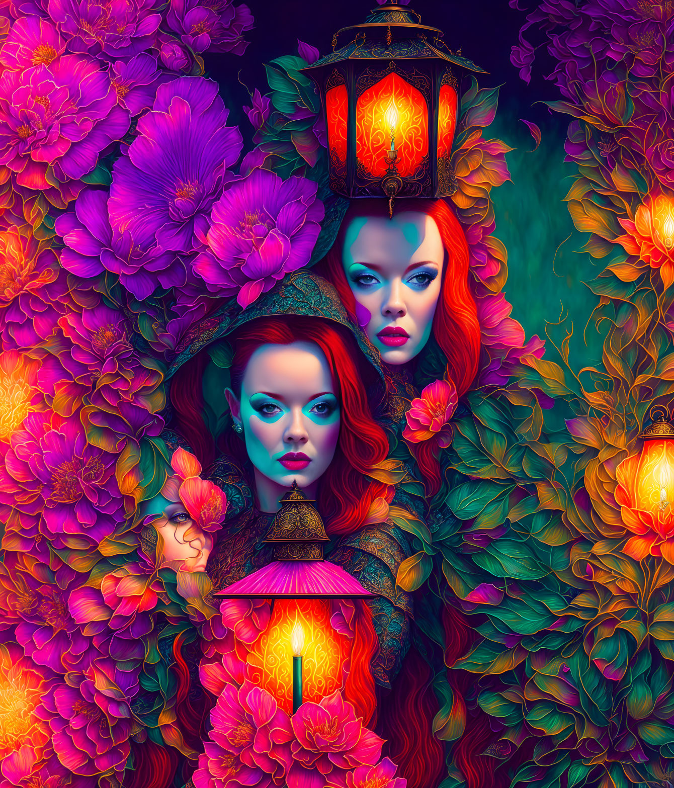 Vibrant illustration of red-haired women with lanterns in floral setting