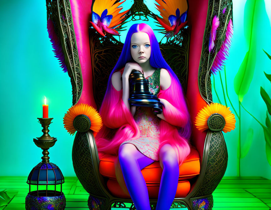 Surreal image: Blue-skinned girl on colorful throne with pink hair, black phone, candle