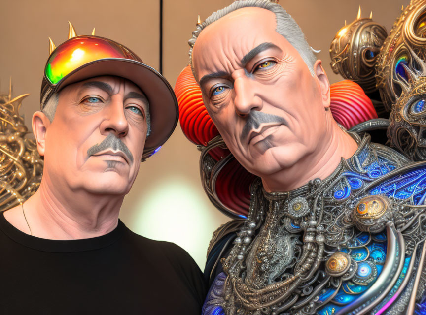 Hyperrealistic sculptures: Men in black t-shirt and sunglasses, another in ornate armor and he