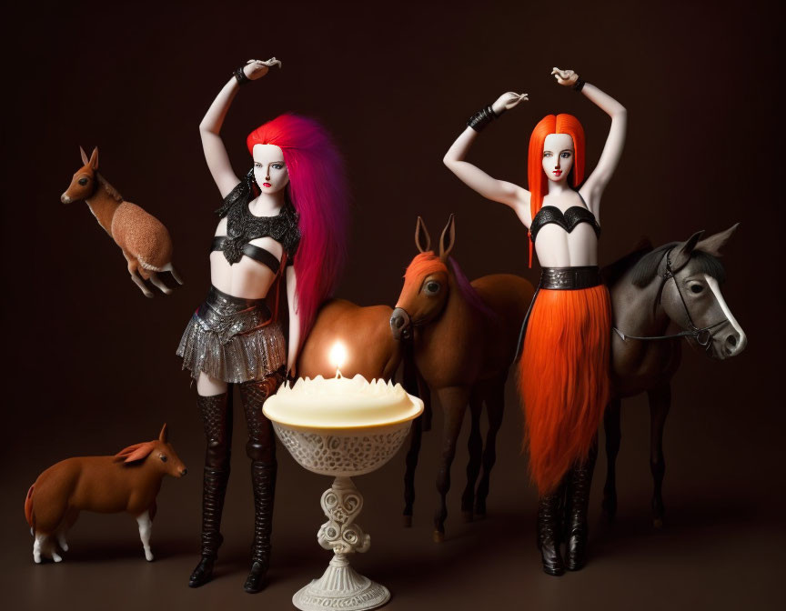 Dolls with Pink and Orange Hair in Dance Poses with Model Horses and Candle