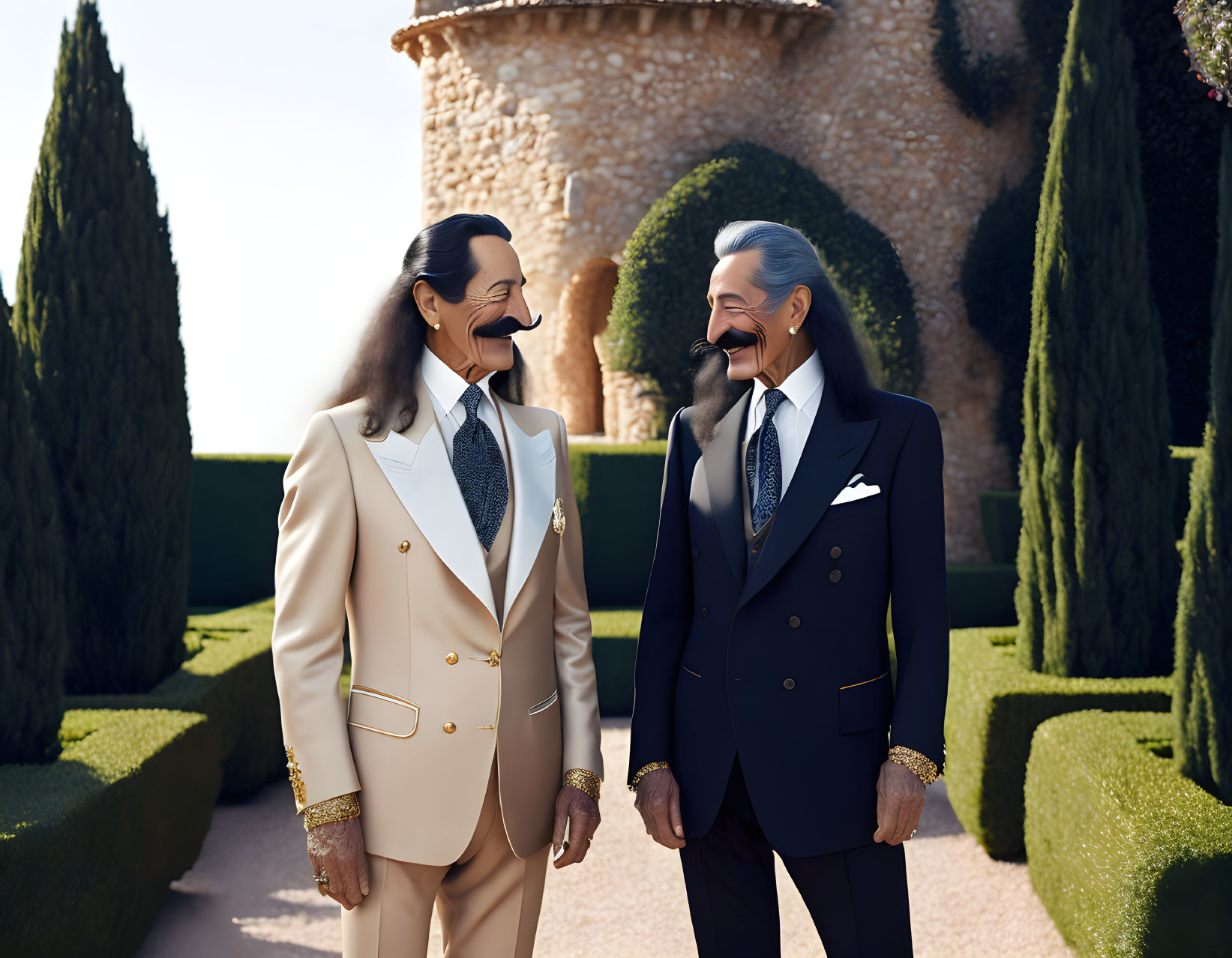 Elegantly dressed individuals in manicured garden exchange joyful look