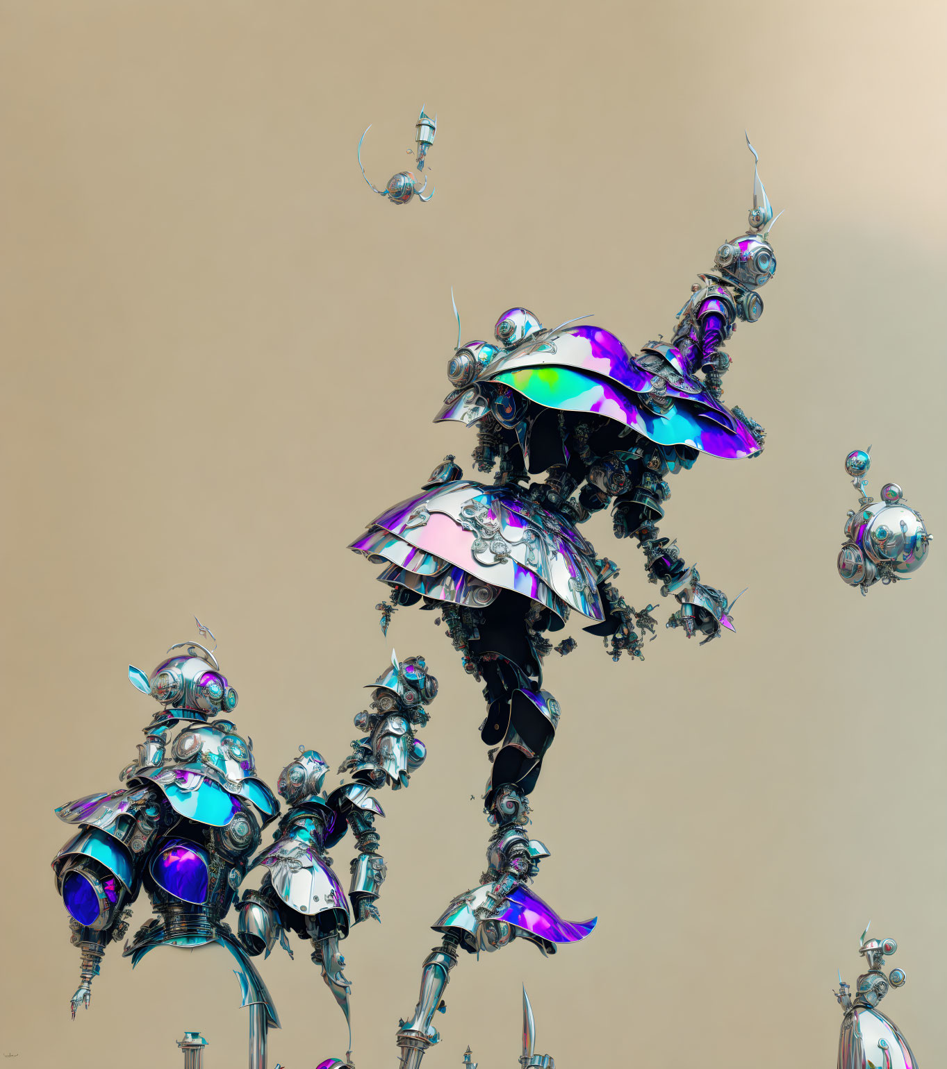 Iridescent futuristic robots on neutral background