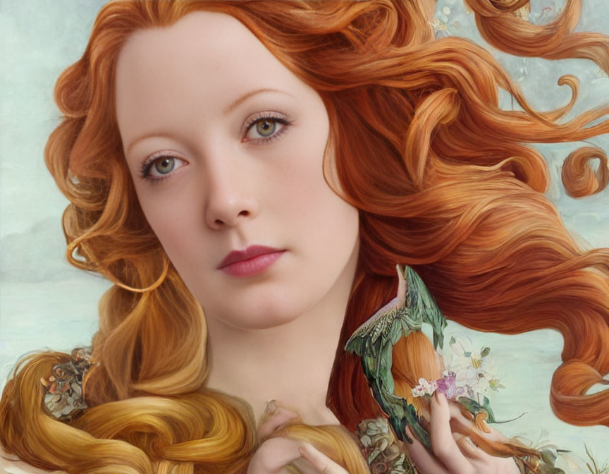 Portrait of Woman with Red Hair Holding Dragon Figurine and Flowers