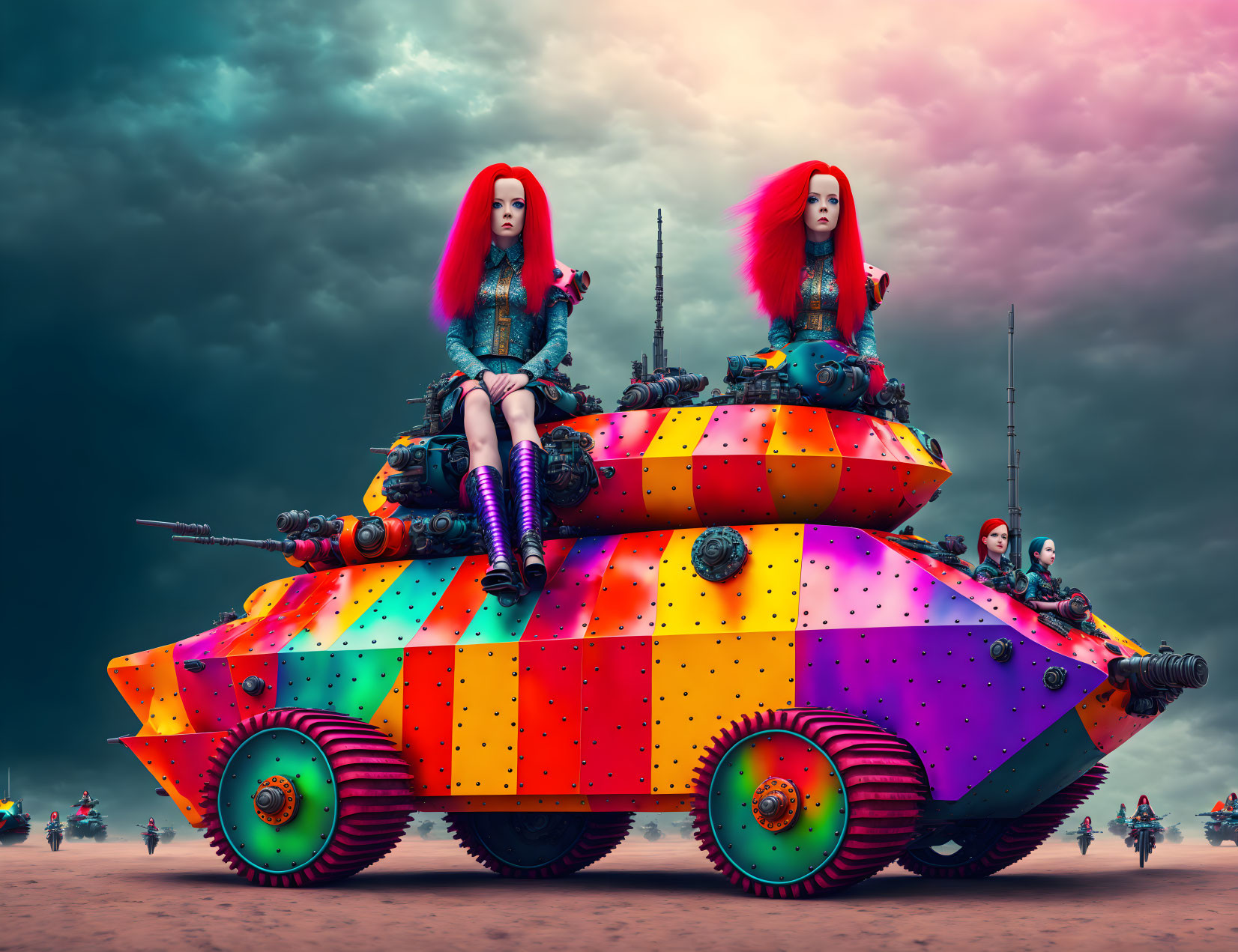 Identical Red-Haired Women on Colorful Tank in Surreal Landscape