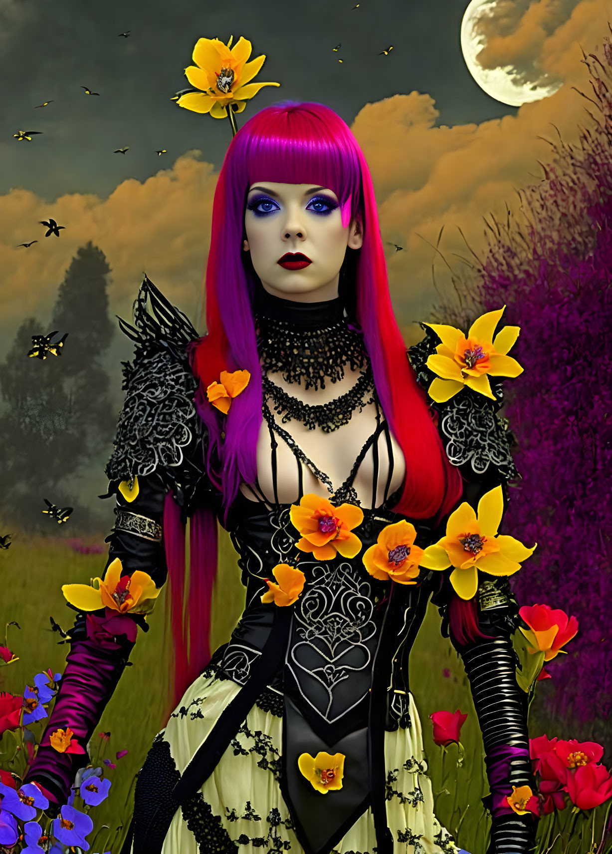 Stylized image of woman with purple hair in gothic attire in gloomy field with crescent