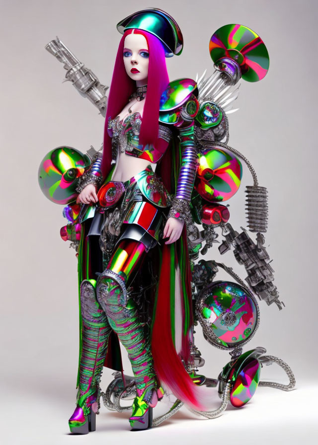 Futuristic female figure with cybernetic enhancements and purple hair