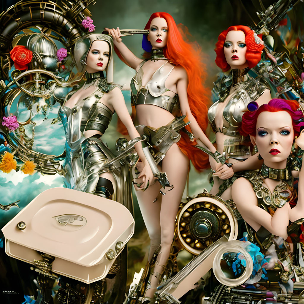 Futuristic women in metallic attire with vibrant hair among mechanical and floral elements