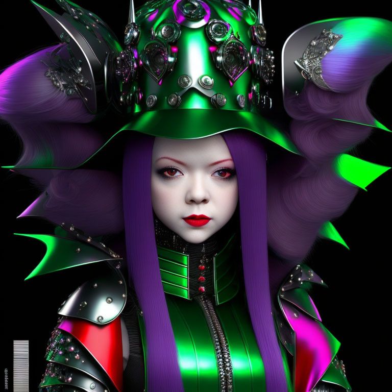 Digital portrait of woman in green and purple armor with gem-studded helmet