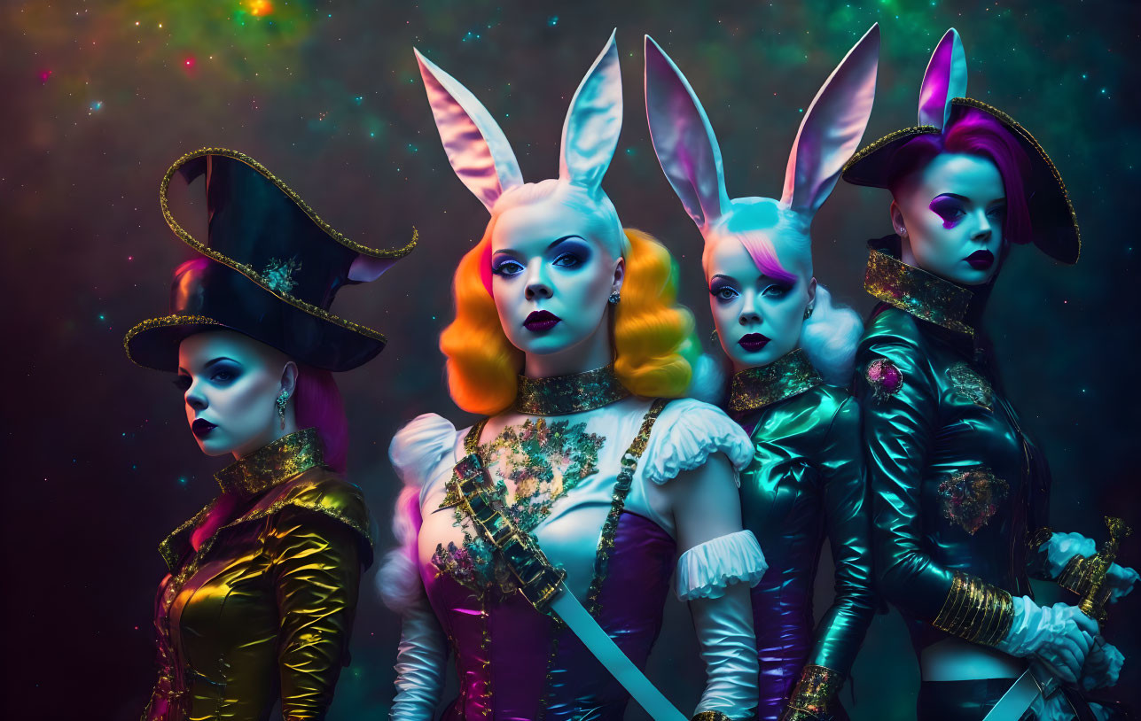 Four women in rabbit ears with colorful costumes and makeup on galactic backdrop