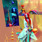 Colorful surreal artwork: Two stylized women, flowers, instruments, ornate details, warm backdrop