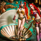 Animated red-haired female figures in golden outfits by giant sea shell with vibrant musical background