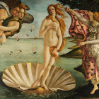 Stylized female figures with striking hair in serene water setting with shell, flowers, and lush foliage
