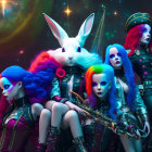 Fantasy art with stylized female figures and rabbit in cosmic setting