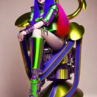 Futuristic woman with blue hair on golden throne in green and purple attire