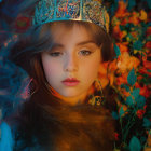 Young woman with crown in dreamlike setting among vibrant flowers and blue wisps